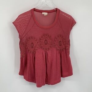 Meadow Rue Anthropologie babydoll shirt top knit crochet mesh red pink Small S
